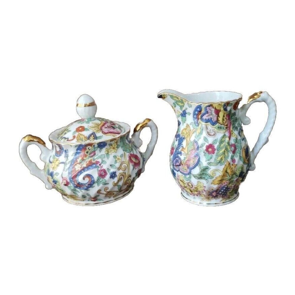 Lefton Paisley Fantazia Floral Fantasia Lidded Sugar and Creamer 6796 Gold Trim